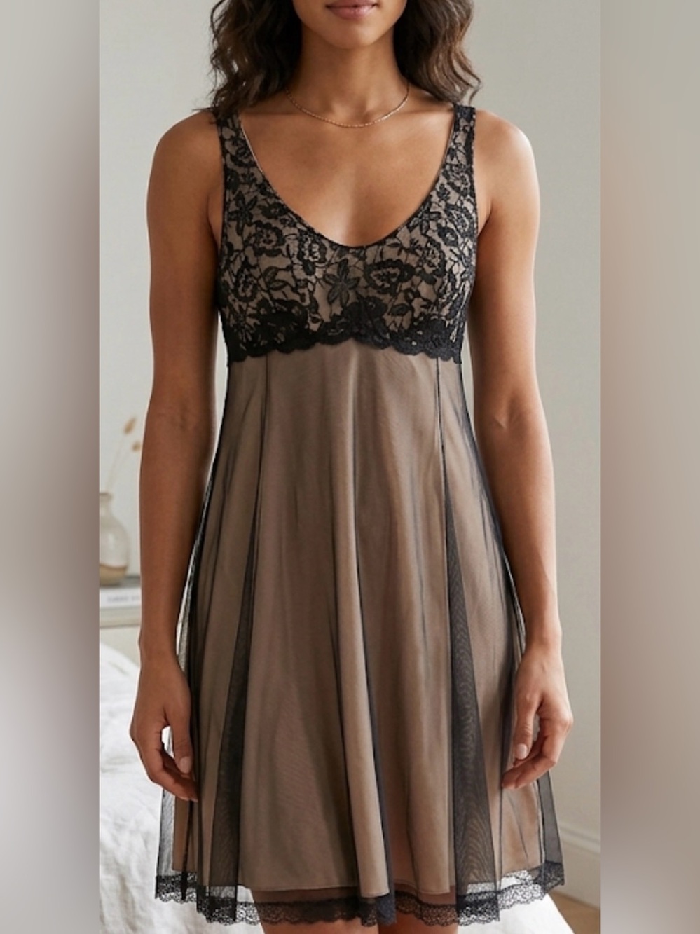 Vintage Vanity Fair Black Lace and Beige Dress with Sheer Overlay